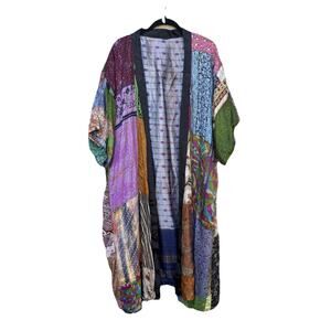 VTG Sacred Threads Kimono Womens Small Medium 100% Silk Patchwork Boho Robe FLAW